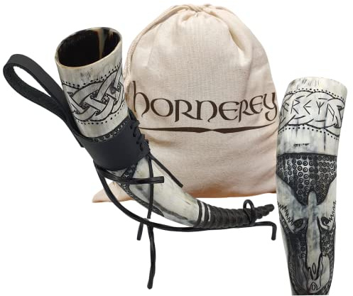 Hornerey Trinkhorn Freya's Horn, 500 ml Wikinger Trinkhorn Set mit Ständer und Gürtelhalter, Methorn, LARP, Horn, 1 Stück (1er Pack), Schwarz