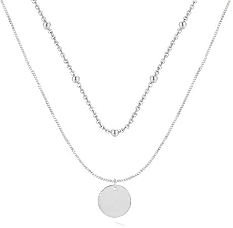 Kette für damen in silber 925 einer Doppelkette mit Perlen und einem flachen runden Medaillon. Silberkette für damen ideal als Geschenk. Halskette für damen. Schmuck Damen (Versilberung)