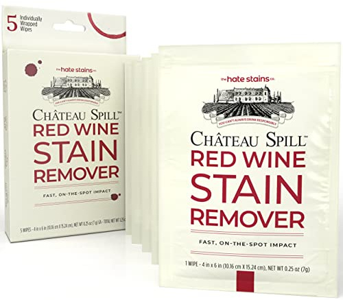 Chateau Spill Red Wine Stain Remover Wipes - 5 Count Individually Wrapped to go Wipes for Stubborn Stains on Clothes, Tablecloth, Carpet, Upholstery and Laundry