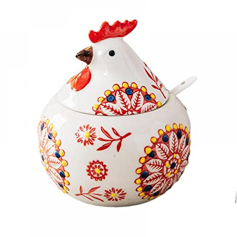 JHNIF Porcelain Condiment Pot with Lid and Spoon, 11oz Salt Bowl Sugar Bowl for Kitchen, Chicken Shape