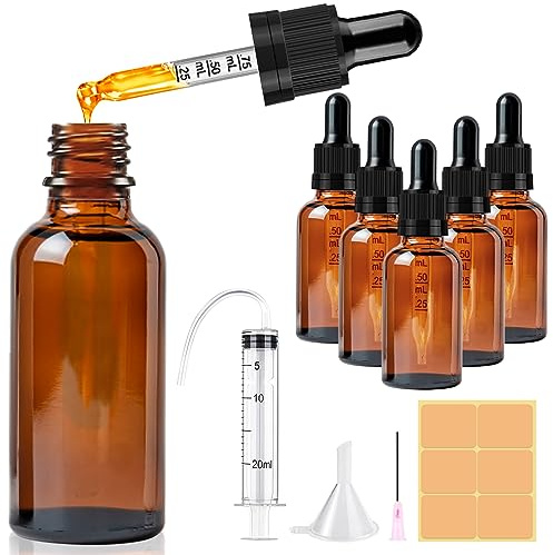 CoKeeSun 5 Stück 50ml Glasflasche mit Pipette, Wiederverwendbar Pipettenflasche, Braunglasflasche Apothekerflasche mit Trichter, Spritze, Etikett für Ätherische Öle Aromatherapie-Düfte