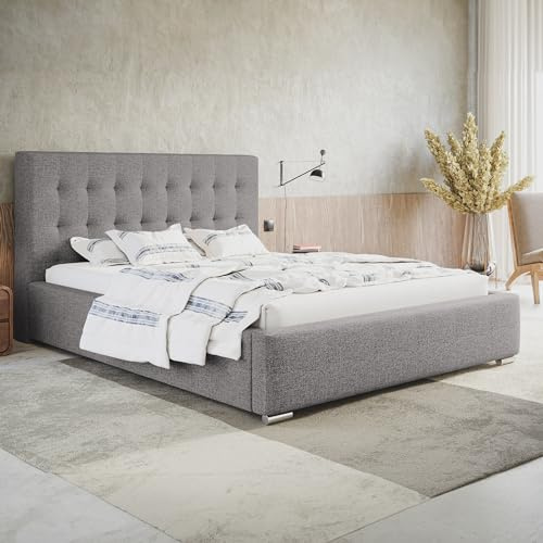 MOTIVENA Deli Bett 180x200 Grau Stoff, mit Stauraum, mit Kopfteil, mit Lattenrost, mit Füßen, ohne Matratze, Polsterbett 180x200 mit Bettkasten Grau (Hellgrau)