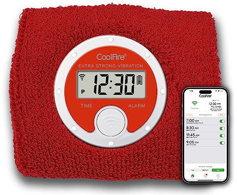 Coolfire Vibrating Alarm Clock Wristband, Silent Wake-Up Watch for Heavy Sleepers, Won’t Disturb Partner, Couples/Roommates, Deaf/Hearing Impaired, 4 Alarms, Bluetooth App, Rechargeable (RED)