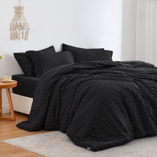 Love's cabin Seersucker Black Queen Comforter Set, 7-Piece All Season Lightweight Bed in a Bag Bedding Set with Comforter, Flat Sheet, Fitted Sheet, Pillowcases and Shams