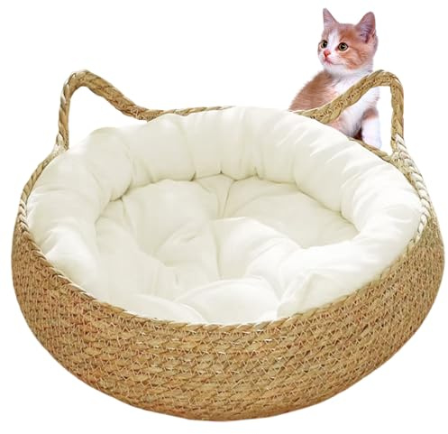 Jorzer Lits de Chats 2 en 1 paniers tissés lit avec Coussin Doux lit pour Chaton Anti-Rayures, Panier Osier Rond Confortable pour Chat d'intérieur 38,1 x 12,7 cm