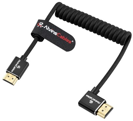 Alvin's Cables Ultra HD 8K HDMI 2.1 Braided Coiled Cable HDMI for Atomos Ninja V, Portkeys BM5, for Feelworld Monitor, for Canon C300, Z CAM E2, for Sony FS5| FS7| A7S3 Cameras Straight to Left Angle