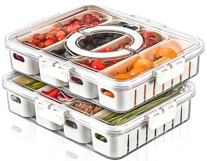 YFUIF 1/2 Pcs Portable Picnic Parties Fruit Tray,4 Compartment Fridge Food Veggie Condiment Divided Serving Preservation Storage Containers,Clear Snackle Box Candy Organizer with Lid Handle(2PC)