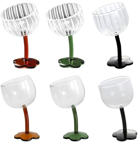 RXMORI 200 Ml Kreative Blumen-Weingläser, 6er-Set, Kristall-Weingläser, Kelch, Wein, Cocktail, Saftglas, Kelch, Vertikale Streifen, Blumen, für Party, Bar, Hochzeit(Mehrfarbig)