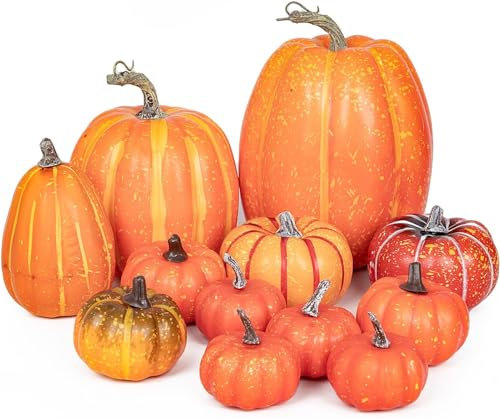 Cymax 12 Stück Größen Künstliche Kürbisdekoration,Sortierte Größe Herbsternte Kürbisse,Halloween Herbstdeko Fälschung Kürbis für Halloween Erntedankfest Dekoration