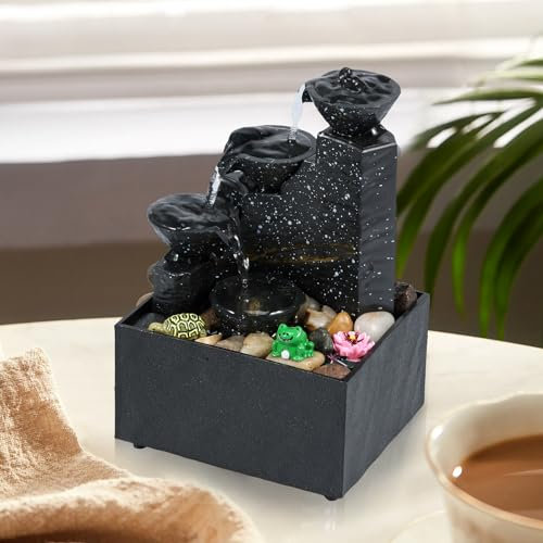 Littleduckling Indoor Tabletop Fountain Meditation Water Fountain Small Waterfall Fountain Desktop Decorations Indoor Tabletop Fountain With LED Lights And Pebble For Home Office Table Decoration