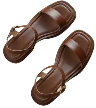 LMFKDA Scarpe Da Donna Estive Eleganti Tacco Basso, Punta Aperta Slingback Antiscivolo Suola Morbida - Marrone-37