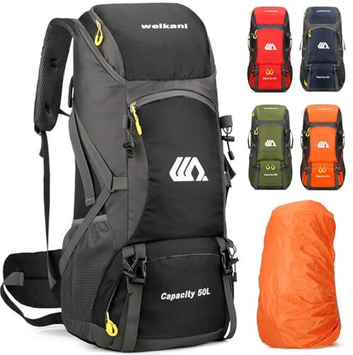 Kugooyi Mochila de senderismo de 50 l con protección contra la lluvia, impermeable, ligera, camping, deportes al aire libre, senderismo, escalada, esquí, bolsa de viaje, Negro , 62 × 30 × 20 cm