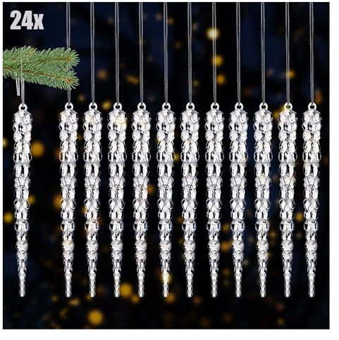 COM-FOUR® 24x pendenti decorativi ghiaccioli - Pendenti ghiaccioli trasparenti da 17,5 cm con cordino per appendere - Ganci per alberi di Natale e ganci natalizi (24x Eiszapfen 17.5 cm)