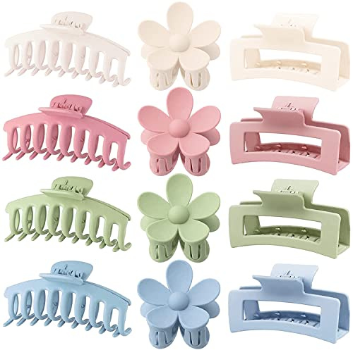 Große Haarklemmen 12 Stück Blumen-Haarklemmen für dickes Haar große Haarklemmen niedliche Haarklemmen 3 Stile Haarklemmen für dünnes Haar Frauen (Blau, Rosa, Khaki, Grün)