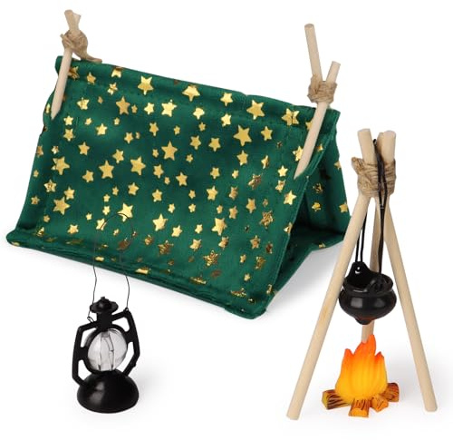 BETESSIN Wichtel Zubehör Weihnachten - Miniatur Zubehör Camping Set - inkl. Zelt, Lagerfeuer, Kessel und Laterne - Wichteltür Zubehör Weihnachten - Miniatur Deko für 1/12 Puppenhaus Zubehör