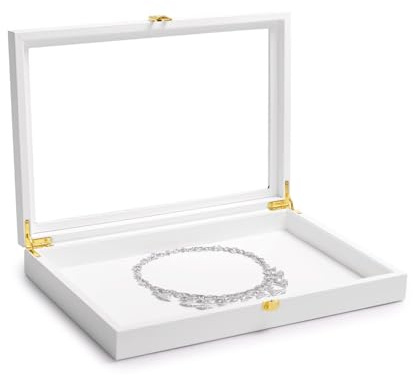 Papten Weißes Schmucktablett Leder-Schmuckaufbewahrungsbox Schmuckständer im Schubladenstil mit transparentem Deckel Vitrine mit Schnallenverschluss Geeignet für Damenketten, Armbänder und Ohrringe