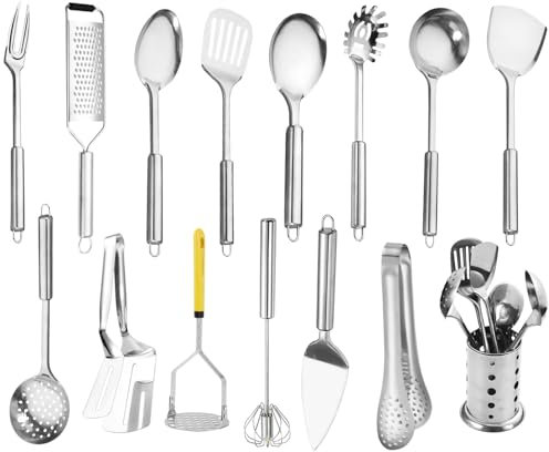 Polegas Stainless Steel Kitchen Utensil Set, 15 PCS Cooking Utensils, Nonstick & Heat Resistant Tools, No Plastic Gadgets Cookware Accessories