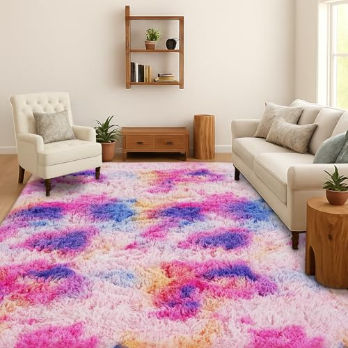 SOANNY Hochflor Wohnzimmer Teppich, Waschbar Anti-Rutsch & Flauschig, Tie-Dye Langflor Shaggy Teppiche für Schlafzimmer & Kinderzimmer, Bettvorleger Matte, 160 x 230 cm, Rosa Regenbogen