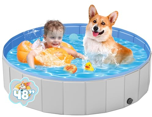 YSJILIDE Portable Dog Pool PVC Pet Swimming Pool Bathtub Collapsible Dog Pool, Hard Plastic Pool for Pets to Swim and Bath (Light Grey - 47x 12)