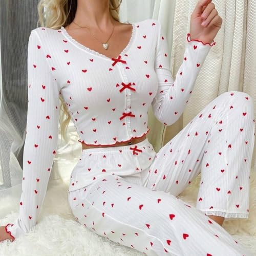Schlafanzug Damen, Damen Schlafanzug-Set, Entspannende Damen-Pyjama-Sets mit Herzmuster, V-Ausschnitt, lockeres Oberteil und Lange Hose für Herbsttage (S Rot)