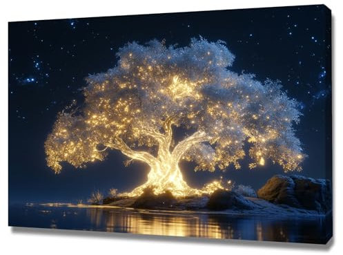 WUFIEA Albero Della Vita Quadri, Albero d'argento della notte stellata Decorazione Murale Camera da letto Soggiorno Quadro - 60x80cm Incorniciato(Bianco)