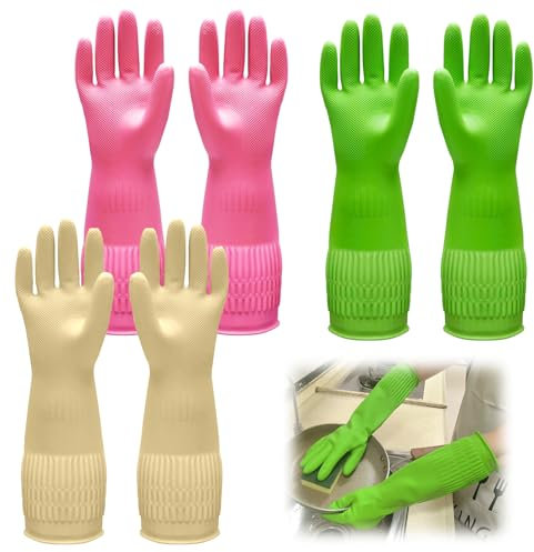 3 Paia Guanti per Lavare i Piatti in Lattice Colorati Riutilizzabili, Lunghi 38cm Antiscivolo e Impermeabile e Antiolio Ideali per Pulizia Della Cucina, Stoviglie, Pulizie Domestiche e Giardinaggio, M