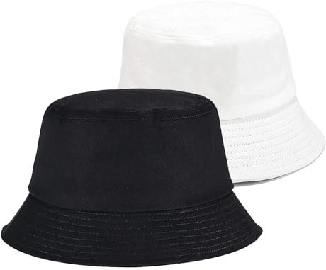 SEFIRST 2 Stück Fischerhüte Bucket Hat, Sonnenhut Baumwolle Bucket Hut Fischerhut Anglerhut für Damen Herren, UV Schutz Faltbar Sommermütze Freizeithut Herbst Wandern Camping Reisen, Weiß Schwarz