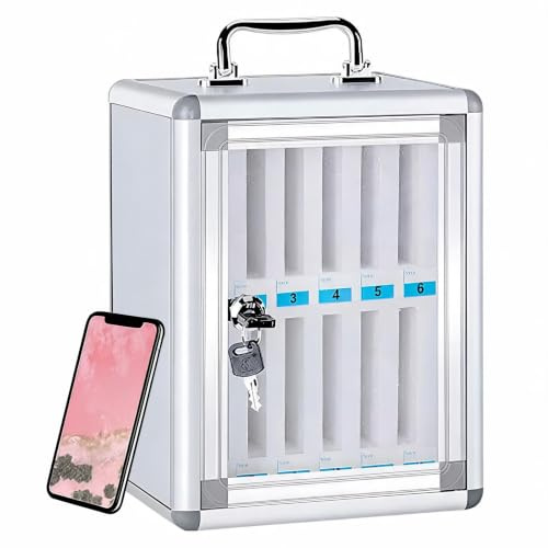XDXINY Handy Spind 12/24/36/48/60 Slots Handy Aufbewahrungsschrank mit Tragegriff, Schloss, Aluminium Wandmontage oder Desktop Management Box Geeignet für Schule, Büros (Silberfarben, 12 Schlitz)