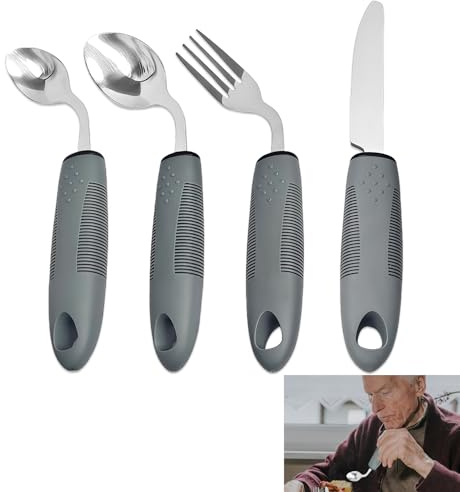 4 Piezas Set de Utensilios Adaptativos, Cubiertos Easy Grip Ergonomía, Antideslizante Cubiertos para Parkinson Cubierto de Acero Inoxidable Curvados para Parkinson, Temblores en las Manos y Artritis