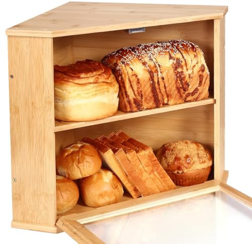 Fdouyo Bambus Brotkasten 2 Etagen Brotbehälter 32x32x34cm für Ecke lebensmittelecht Brotaufbewahrung pflegeleicht