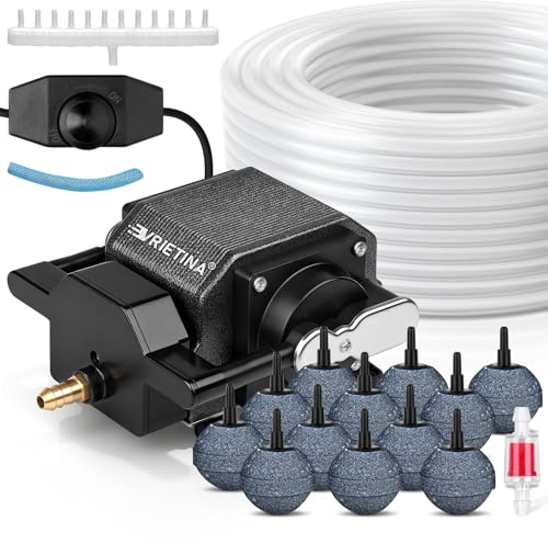 40W Aquarium Luftpumpe mit 12 * 5cm Luftstein und 50m Luftschlauch, Leistungsstark Teichbelüfter, Maximaler Teichinhalt 72 m3, Durchflussrate 80L/Min, Ideal für Großen Aquarien und Teichen