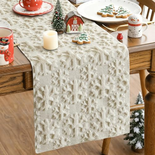 JOTOM Weihnachten Tischläufer, Plüsch Tischband Küche Esstisch Dekoration für Party Wohnzimmer Esszimmer Garten, Innen & Außen Schneeflocken Weihnachtstischdecke Weihnachtsdeko (40x140cm, Beige)