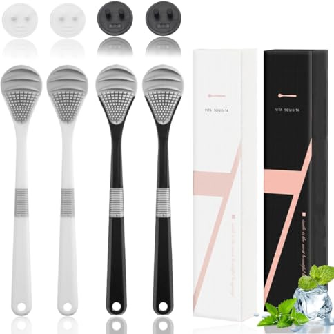 KSJEHW Gratte Langue, 4 Stück Brosse à Langue, Nettoyeur de Langue, Support Mur, Haleine Fraiche, Facile à Nettoyer, Utile, Für Hygiène Buccale Adultes, Plastique