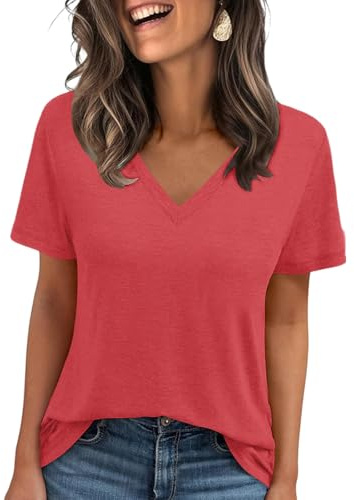 Cuptacc Camiseta básica de verano para mujer, cuello de pico, manga corta, monocolor, informal, top, rojo, rosa, XXL