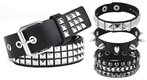 RQcMid 1 Stück Nietengürtel mit 3 Nietenarmband, Studded Belt Für Herren Und Damen, Punk Rock Gürtel Mit Nieten, Goth Accessories Für Konzerte Und Partys, Emo Gürtel Für Y2K Style