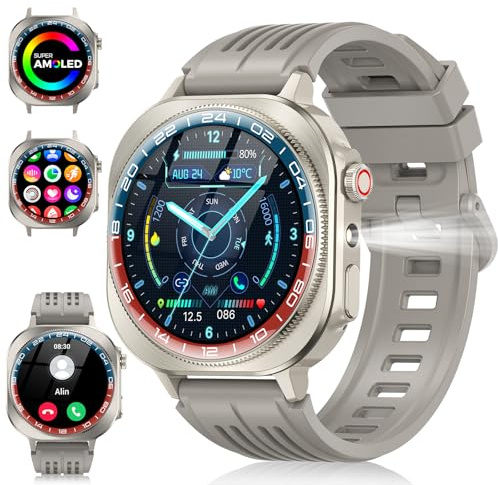 Militare Smartwatch Uomo Donna,1.43 AMOLED Fitness Tracker con Chiamate/660mAh Batteria/Torcia/130+ Modalità Sportive/Cardiofrequenzimetro/Sonno/Contapassi, IP68 Impermeabile Orologio per iOS Android