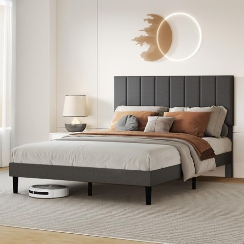 Levede Small Double Bed Frame with Channel Tufted Headboard, Upholstered Platform Bed, Sturdy Wooden Slat Support, Easy Assembly, No Box Spring Needed, Dark Grey, 120x190cm
