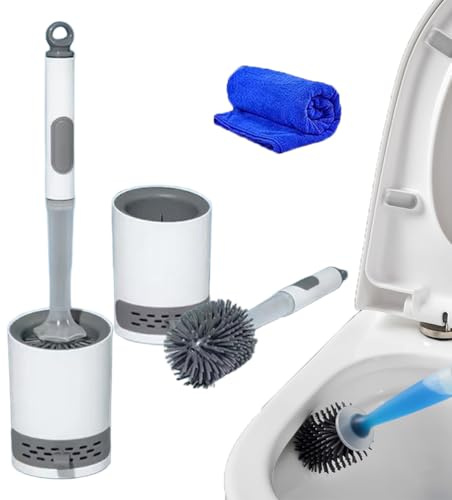Juego de escobillas de inodoro de silicona con dispensador de jabón, cepillo de limpieza de baño con soporte adhesivo y bandeja extraíble (paquete de 2) higiene sin esfuerzo y diseño elegante