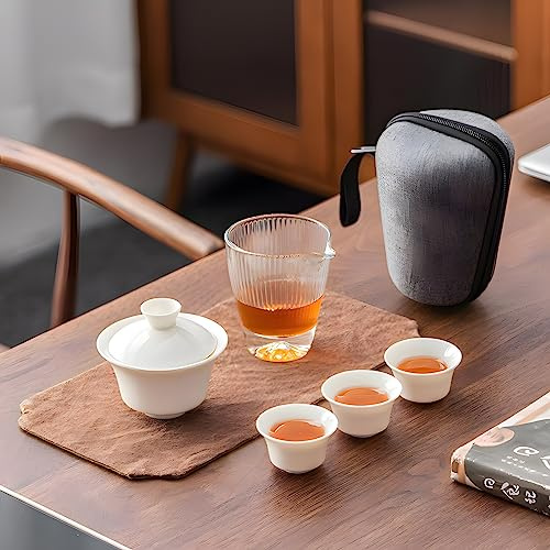 Service de thé Kungfu Gaiwan voyage en céramique Ensemble bols à porcelaine blanche jade suif chinois avec tapis et infuseur Portable pour la maison les affaires l hôtel