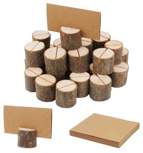 ZEONHEI 80 Stück Holz Tischkartenhalter mit 80 Kraftpapier Karten Blanko, Rund Menükartenhalter Holz Kartenhalter Fotohalter für Hochzeitsfeiern, Weihnachtsfeiern, Restaurant