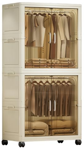 GarveeLife Tragbarer Kleiderschrank Aufbewahrungs Organizer, Mobile Aufbewahrungsbox Mit Magnetischen Türen Und Rollen, Faltbare Große Kunststoffschrank-Aufbewahrungseinheiten Für Kleidungsstücke, Spi