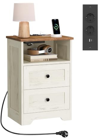 VASAGLE Mesita de Noche con Enchufes, Mesa Auxiliar con 2 Cajones y Compartimento Abierto, 40 x 30 x 59 cm, para Dormitorio, Salón, Blanco Rústico y Marrón Miel, Colección Siren LET648WJ01