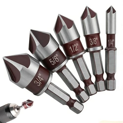 LEOUEANR Juego de 5 Brocas de Avellanador, Herramientas de Biselado de 5 Canales y 82° con Vástago Hexagonal de 1/4 Pulgada - Brocas de Acero de Alta Velocidad para Metal, Madera, Plástico y Aluminio