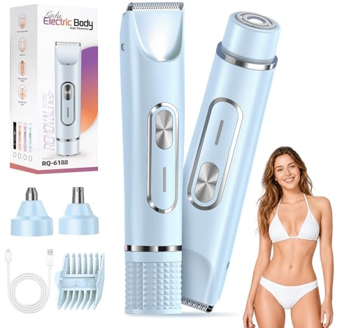 JTF Depiladora Eléctrica para Mujer 4 en 1, Afeitadora de Doble Cabeza IPX7 Impermeable para Bikini, Axilas, Facial, Nariz y Cejas – Afeitadora Mujer Zona Intima Uso Húmedo y Seco (Azul)