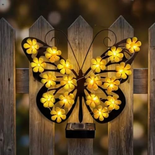 Vasedre Solar Lights Metal Outdoor Wall Art, Waterproof Animal Design Garden Wall Decorations with Soft LED Flower Lights for Garden Patio Backyard Yard Decor, Gardening Gifts for Women (Butterfly)