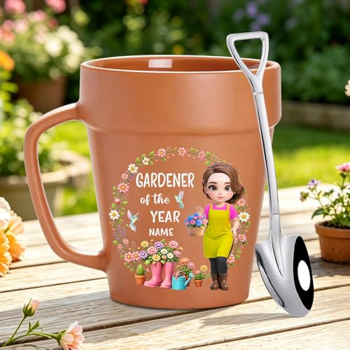 Ayorior Personalized Gardener of The Year Plant Pot Ceramic Mug Gifts for Gardeners, Custom Gardening Flower Pot Coffee Mug Garden Cup Funny Gifts for Women