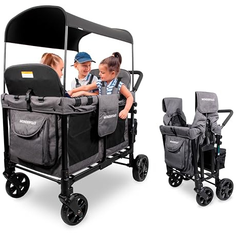 WONDERFOLD W4 Original Passeggino (4 posti) – Passeggino pieghevole con sedili con cinture a 5 punti, porta con cerniera di facile accesso, e tettuccio parasole rimovibile, grigio