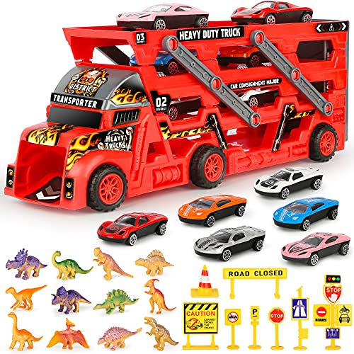 Sanlebi Autotransporter LKW Spielzeug-Mega Hauler Truck Tragekoffer für Spielzeugautos Abschleppwagen mit Dinosaurier für Kinder (29 Pack) (Rot)