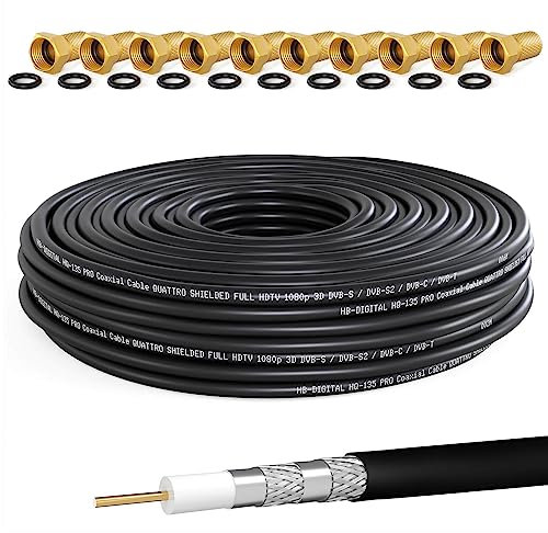 HB-Digital 50m Cavo Coassiale HQ-135 d'Antenna 135dB SAT 8K 4K UHD 4 Volte Schermato per Sistemi DVB-S/S2 C/C2 T/T2 DAB+ Radio BK + 10 F-Plug GRATUITAMENTE
