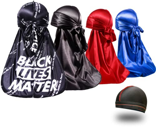 ForceWave 4 Unidades de durags sedosos para Hombres 360 Ondas, diseñador Do Rag, Premio 1 Gorra de Onda, Negro, Medium